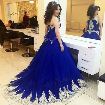 Королевское Синее Золотое Кружево Дешевые Пышные Платья Бальное Платье Sweet 16 Dress 2020 Плюс Размер Платья Для Дебютанток Выпускного Вечера Vestidos de 15 Anos