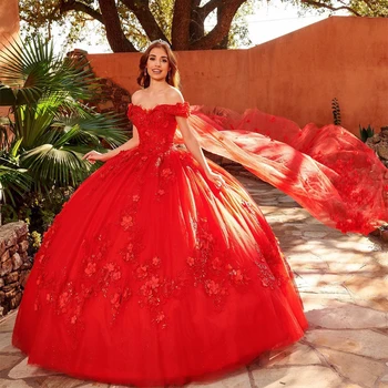 Красное Пышное Платье Принцессы Vestidos De 15 Anos С 3D Цветком И Накидкой, Платье Для Дня Рождения, Длинное Бальное Платье Elegantes Para Mujer