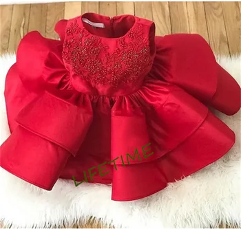Красные атласные платья для маленьких девочек, бусы, кружевное платье принцессы с круглым вырезом на первый день рождения, детская праздничная одежда от 3 до 14 лет