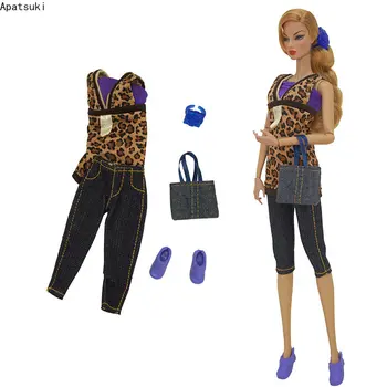 Леопардовая модная кукольная одежда для Барби, комплект одежды для Барби, топ, укороченные брюки, Обувь, Сумочка, Аксессуары для кукол 1/6