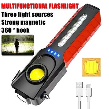 Многофункциональный Супер Яркий светодиодный фонарик с боковой подсветкой, перезаряжаемый через USB, Переносная магнитная лампа-фонарик, защитный молоток