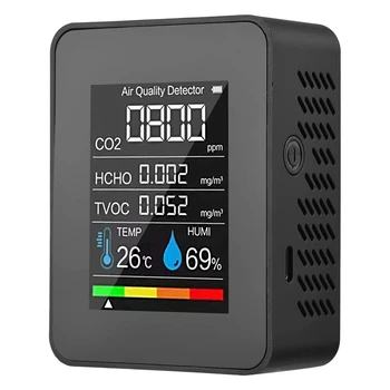 Монитор качества воздуха 5 в 1 Измеритель температуры влажности CO2 TVOC HCHO, USB Перезаряжаемый детектор CO2 Черный