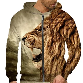 Мужская демисезонная толстовка на молнии, свитер с 3D рисунком Льва, винтажное уличное модное пальто с капюшоном, повседневный топ оверсайз с длинным рукавом