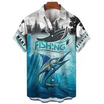 Мужская рубашка с 3D Принтом Рыбы 2024 и Животных, Мужская Повседневная Модная рубашка С Короткими Рукавами, Летняя Гавайская рубашка, Вечерняя Мужская одежда