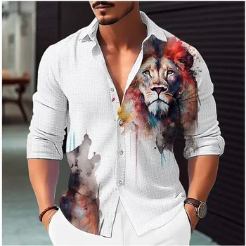 Мужская рубашка с отворотом в виде животного Льва, рубашка с принтом, уличная одежда с длинным рукавом, модная уличная одежда, дизайнерская повседневная 6XL
