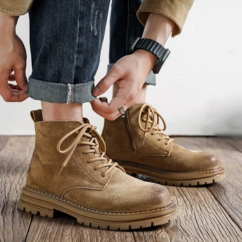 Мужские ботинки в стиле ретро, новинка 2023 года, осенне-зимние рабочие ботинки из натуральной кожи в британском стиле, Замшевая обувь на толстой подошве