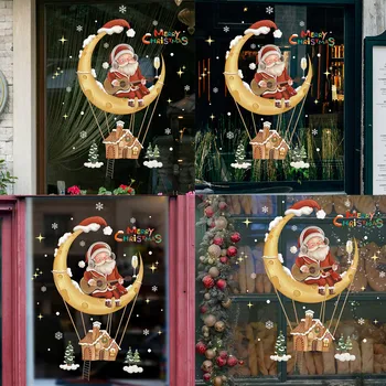 Мультяшная Рождественская наклейка на окно Ноэль Декор Стеклянной стены Рождественская Елка Наклейка со статическим электричеством Луна Санта Лось Счастливого Рождества 2023