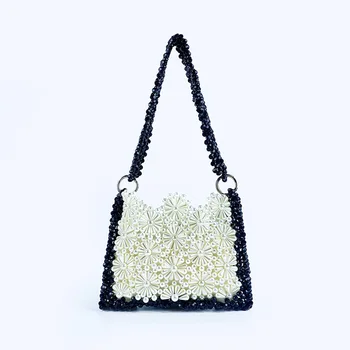 Новая сумка из бисера, модные изысканные тканые женские сумки на одно плечо подмышками, уникальная черно-белая дамская сумочка с цветком маргаритки и жемчугом