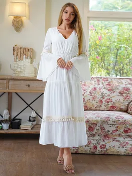 Новое осенне-зимнее повседневное платье с длинными рукавами, белое шифоновое элегантное платье средней длины с V-образным вырезом
