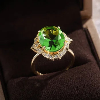 Новое Роскошное Женское кольцо на палец с большим овальным зеленым камнем для вечеринки Золотого цвета, прекрасный подарок благородной леди на день рождения, ювелирные изделия для женщин