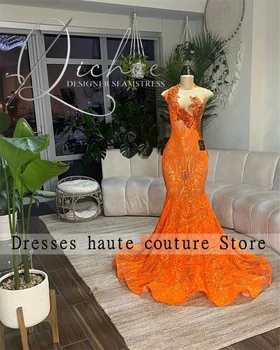 Новые выпускные платья Русалки с оранжевыми блестками 2023 года для чернокожих девушек, Прозрачная горловина, аппликации из бисера, вечернее платье Robes De Soirée