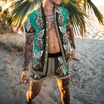 Новый золотисто-бирюзовый мужской костюм с лацканами в стиле пэчворк, повседневная рубашка с коротким рукавом, пляжные шорты, летние каникулы, Гавайи, S-3XL