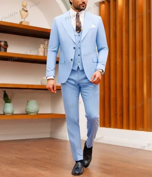Новый светло-голубой деловой костюм, Мужские смокинги, Жених, Жених для выпускного вечера, свадебной вечеринки, официальный комплект из 3 предметов, куртка, жилет, брюки B43