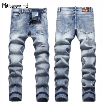 Облегающие джинсы Four Seasons в стиле панк для мужчин, рваные джинсы High Street Splash Ink, хлопковые прямые джинсы, молодежные модные брюки полной длины