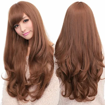 Оптовая продажа, Япония, Корея, Азия, Светло-коричневые длинные вьющиеся волосы с диагональной челкой, женский высококачественный парик из химического волокна, полностью закрывающий голову