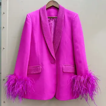 Осень-зима 2023, новый женский блейзер, модный роскошный костюм с воротником из страусиного пера, настоящего пера, украшенный бриллиантами, пальто Y4353