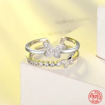 Открытое кольцо с бабочкой и кристаллами из стерлингового серебра 925 пробы для женщин, модные свадебные украшения