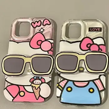 Пара милых прохладных солнцезащитных очков, чехол для телефона Sanrio с рисунком Hello Kitty, подходит для Apple 14, полный комплект, мягкий резиновый чехол с граффити