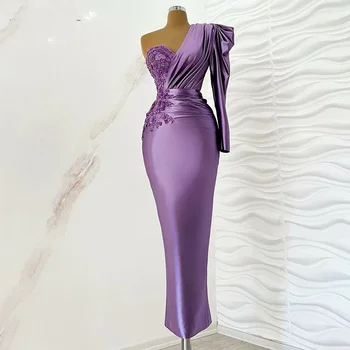 Платье Kiss фиолетового цвета с длинным рукавом Русалка Выпускные платья с деколью из бисера Атласные плиссированные вечерние платья для женщин