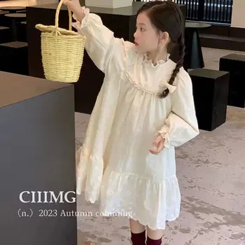 Повседневные платья для девочек 2023 года, однотонные Осенние хлопковые платья в стиле принцессы с длинными рукавами и круглым вырезом, Корейский новый воротник с цветочным краем