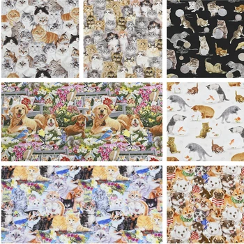 Половина ярда однотонной 100% хлопчатобумажной ткани с милым принтом кота из мультфильма, детская ткань для одежды ручной работы CR-1704