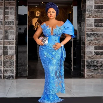 Потрясающие Синие кружевные Нигерийские вечерние платья с одним плечом, Голубое Свадебное платье в стиле Aso Ebi, Африканское вечернее платье Плюс Размер