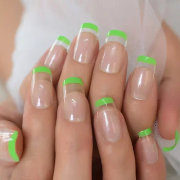 Прозрачные накладные ногти своими руками С зелеными кончиками, искусственные ногти среднего размера, прозрачный маникюр для ногтей с полным покрытием