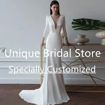 Простое свадебное платье Русалки с длинным рукавом, глубоким V-образным вырезом, драпированной атласной застежкой-молнией на пуговицах, Элегантное женское платье для особых случаев