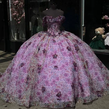 Пышные платья с цветочным принтом и открытыми плечами, vestidos de 15, пышное платье на шнуровке Sweet 16