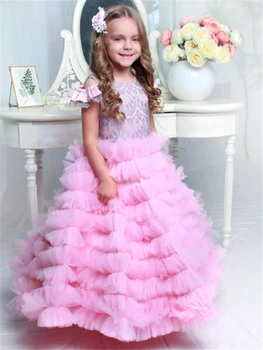 Розовый Ангел Без рукавов, Тюлевое кружевное многослойное платье принцессы с цветочным узором для девочек, платья для Первого причастия, Детский подарок-сюрприз на День рождения