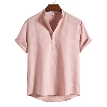 Рубашка с коротким рукавом и воротником-стойкой в полоску, Розовая