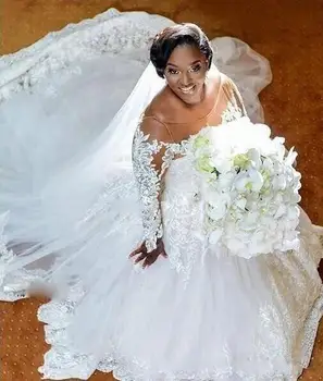 Свадебное платье большого размера с прозрачным вырезом, кружевными аппликациями, длинными рукавами, свадебное платье, свадебные платья трапециевидной формы с длинным шлейфом