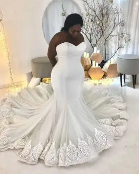 Свадебное платье русалки с кружевной аппликацией, простые свадебные платья больших размеров, корсет на шее в виде сердечка, шлейф сзади, африканский брак