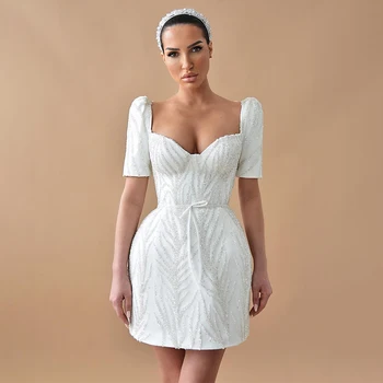 Свадебное платье с блестками, мини-футляр /колонна, короткие рукава, V-образный вырез, свадебные платья для женщин, роскошные свадебные платья без спинки для невесты, короткие