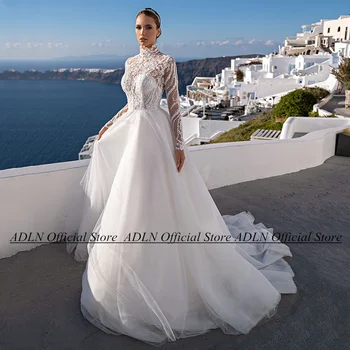 Свадебное платье с высоким воротом, длинные рукава, аппликация из блесток, пуговицы сзади, шлейф, блестящие платья невесты Robe Mariee