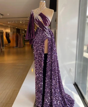 Сверкающие фиолетовые платья для выпускного вечера с разрезом спереди на одно плечо, изготовленные на заказ кристаллы, бусы, женские платья Mermaid Real Imge