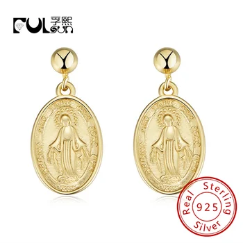 Серебро 925 Пробы Fulsun, Винтажный золотой цвет, Волшебная Медаль Девы Марии, Серьги овальной формы