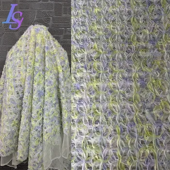 Синие и зеленые плетеные цветы, трехмерная полая сетчатая ткань, приятная для кожи текстура, платье, дизайнерская ткань для одежды