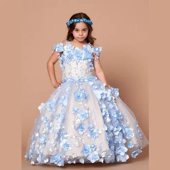 Синие мини-платья Quinceanera, бальное платье с открытыми плечами, тюлевые платья с цветочным узором для девочек на свадьбу, нарядные платья для малышей
