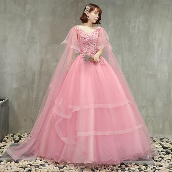 Сказочные пышные платья Нежно-розового цвета, кружевное иллюзионное бальное платье с глубоким V-образным вырезом, изысканные аппликации, платье для дебютанток длиной до пола