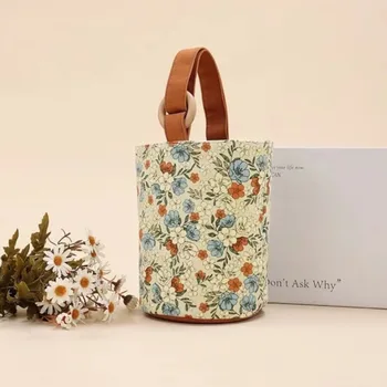 Сумка-ведро с цветочным принтом в стиле ретро, модные холщовые сумки для хранения с верхней ручкой, сумка для ланча