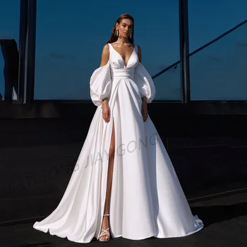 Уникальное свадебное платье С пышными рукавами, глубоким V-образным вырезом, складками, драпированным разрезом по бокам, шлейфом без спинки, Vestido De Noiva, Атласное свадебное платье