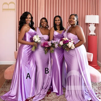 Фиолетовые атласные платья подружек невесты на одно плечо, элегантное свадебное платье 2024, платье для свадебной церемонии Русалки, Элегантные платья, Халат