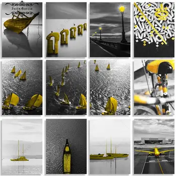 Черно-белая картина на холсте с озером Мирового океана, Желтая лодка, уличный фонарь, Велосипед, плакат с самолетом и принты, художественный декор стен дома