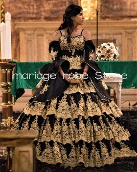 Черное Золотое Платье Charro Quinceanera Dead theme Мексиканское Платье с Аппликацией на плече и Рюшами Для Выпускного вечера vestidos de 15 quinceanera negro