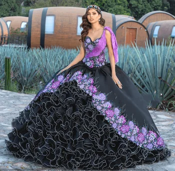 Черные платья Charro Quinceanera Бальное Платье Милая Аппликация Из Органзы Бисером Мексиканская Сладость 16 Платьев 15 Anos