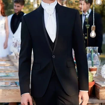 Черные приталенные мужские костюмы с подставкой, коллоар для званого ужина, 3 предмета, свадебный смокинг жениха, мужской модный пиджак с жилетом и брюками