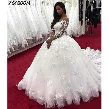 Элегантное белое свадебное платье с аппликацией и длинными рукавами с круглым вырезом, бальное платье 2024 года, длина до пола, шлейф из тюля, свадебное платье на заказ