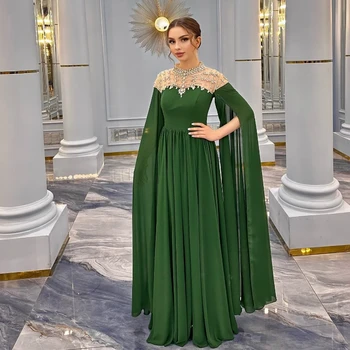 Элегантное зеленое вечернее платье Mermaid Dubai с высоким воротом для свадебной вечеринки С накидкой из мусульманских бусин, Шифоновые Длинные вечерние платья