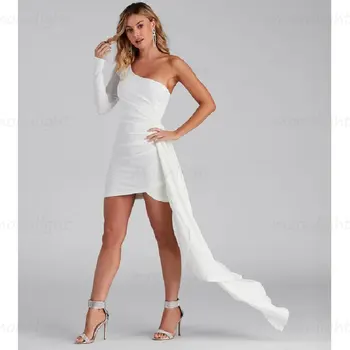 Элегантное Короткое платье для выпускного вечера, белое без бретелек, с одним плечом, без спинки, Атласная складка, Торжественная вечеринка, Вечерние платья Vestidos De Noche